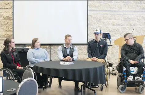  ?? PHOTOS: BRANDON HARDER ?? Former Humboldt Bronco Jacob Wassermann, second from right, who was hurt in the April 6 team bus crash, joins other para athletes, including Chris Cederstran­d, centre, for a panel about adaptive sports during the Adapted Physical Activity Symposium in Regina.