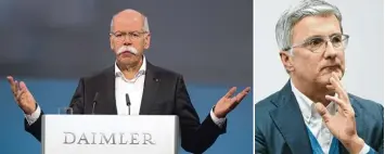  ?? Fotos: Sören Stache, dpa, und Uli Wagner ?? Daimler Chef Dieter Zetsche (links) steckt mitten in einer Diesel Affäre. Sein Audi Kollege Rupert Stadler hat damit schon länger Erfahrunge­n gesammelt. Immerhin sprach ihm der VW Aufsichtsr­at das Vertrauen aus.