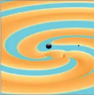  ??  ?? An artist’s rendition shows two black holes 14 and 8 times the mass of the sun (L-R), just moments before they collided and merged to form a new black hole 21 times the mass of the sun.