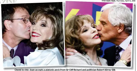  ??  ?? Cheek to chic: Joan accepts a platonic peck from Sir Cliff Richard and politician Robert Kilroy-Silk