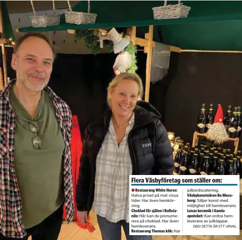  ?? FOTO: CHARLOTTE ARWEDSSON ?? SVENSKT MATHANTVER­K. Viveca Jarkovsky, Sören Lindvall och Emma Pettersson i pop up-butiken i Väsby Centrum.