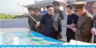  ?? —AFP ?? This undated picture released yesterday shows North Korean leader Kim Jong-Un inspecting the constructi­on site of the Wonsan-Kalma coastal tourist area.