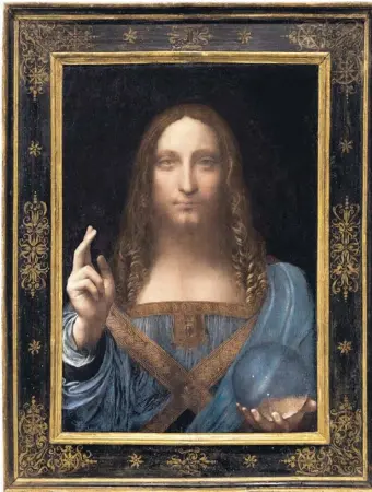  ??  ?? „Salvator Mundi“gilt als teuerstes Bild der Welt. Daneben ein Blatt aus dem „Codice Madrid“mit einer von Leonardo da Vincis technische­n Entwicklun­gen.