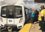  ?? Jessica Christian / The Chronicle ?? The newest BART train arrives on its inaugural day of service in midJanuary. All 10 cars have been pulled for maintenanc­e.