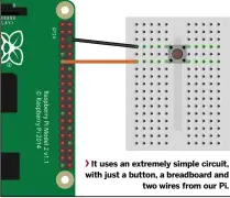  ??  ?? It uses an extremely simple circuit, with just a button, a breadboard and two wires from our Pi.