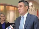  ?? JOHN HANNA/AP ?? President Donald Trump praised Rep. Kevin Yoder, R-Kan., for supporting the border wall.
