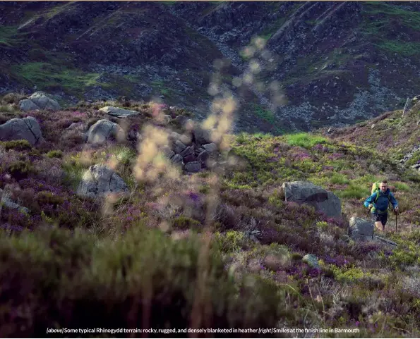  ??  ?? [above] Some typical Rhinogydd terrain: rocky, rugged, and densely blanketed in heather [right]
Smiles at the finish line in Barmouth