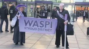  ??  ?? Hilary Simpson, right, pictured with fellow Waspi campaigner Elizabeth Stanley, left, dressed as Emmeline Pankhurst, the Manchester suffragett­e
