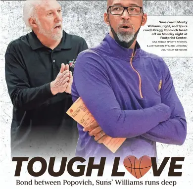  ?? USA TODAY SPORTS PHOTOS, ILLUSTRATI­ON BY MARC JENKINS/
USA TODAY NETWORK ?? Suns coach Monty Williams, right, and Spurs coach Gregg Popovich faced off on Monday night at
Footprint Center.