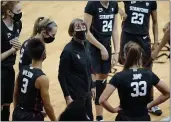  ?? JOHN LOCHER — THE ASSOCIATED PRESS ?? Stanford coach Tara VanDerveer speaks with players during the second half against UNLV on Saturday in Las Vegas.