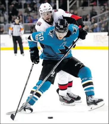  ?? AP, POSTMEDIA FILES ?? Above: The Senators acquired centre Chris Tierney in their blockbuste­r trade with the San Jose Sharks yesterday. Tierney could slot in as the Sens’ second-line centre with Jean-Gabriel Pageau looking like he’s out long-term. Right: The Senators also received defenceman Dylan DeMelo, seen here battling Edmonton’s Connor McDavid, in the Karlsson deal.