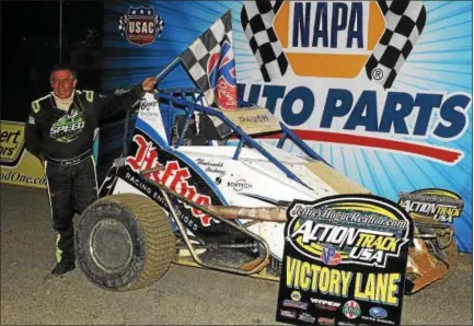  ?? SUBMITTED PHOTO - RICH KEPNER ?? Billy Pauch Sr. celebrates in victory lane at Action Track USA on May 18.