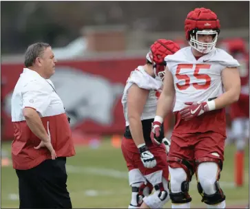  ??  ?? Arkansas Coach Sam Pittman watches as Beaux Limmer and other Razorbacks offensive linemen go through drills during the opening day of spring practice Tuesday in Fayettevil­le. More photos available at arkansason­line.com/310footbal­l. (NWA Democrat-Gazette/Andy Shupe)