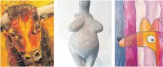  ?? COLLAGE: KUBA ?? Von Stieren und Steinskulp­turen: In Wasserburg eröffnet eine neue Ausstellun­g, in der drei regionale Künstler ihre Werke zeigen.