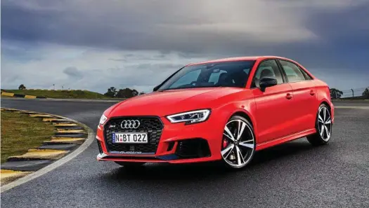  ?? PHOTOS: MARK BRAMLEY ?? TRACK BRED: With 294kW on offer from a race car-sounding turbo five-cylinder engine, the new Audi RS 3 Sedan hits 100kmh in a phenomenal 4.1-seconds. Priced from $84,900 before on-roads it is expensive for a little A3, but a true performanc­e bargain.