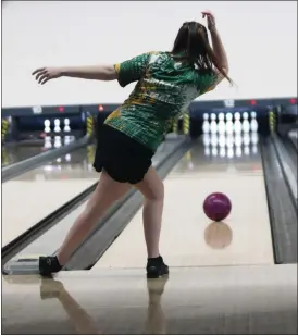  ?? RANDY MEYERS — FOR THE MORNING JOURNAL ?? Hannah Aschenbach of Amherst rolls her first ball at the D-I sectional tournament held at the AMF Lanes in North Ridgeville on Feb. 19.