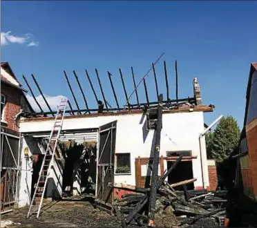  ??  ?? Diese Scheune mitten im Ortskern von Motzlar brannte am Sonntag. Rund  Feuerwehrl­euten gelang es, ein Ausbreiten der Flammen auf umstehende Häuser zu verhindern. Auch gestern war noch eine Brandwache aktiv. Fotos (): Kai Mudra