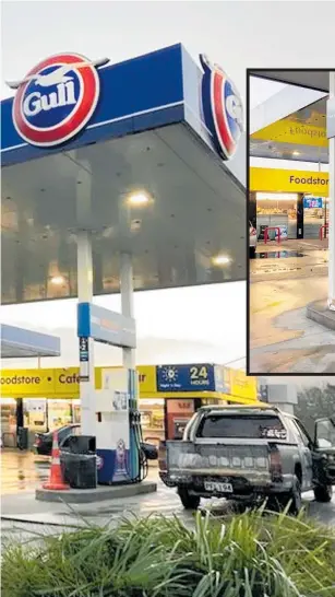  ?? Photos / Sarah Curtis ?? Left: Raumanga’s busy Gull service station, where pedestrian­s fled for cover when a drink-driver deliberate­ly drove into a petrol pump, causing fear of an explosion.
Below: Still down a petrol pump . . . Gull service station in Raumanga is yet to replace one an unwell man, driving intoxicate­d, deliberate­ly rammed.