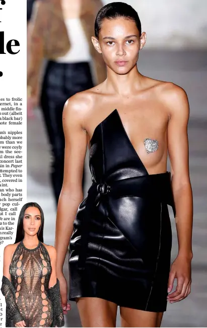  ??  ?? ATTENTION SOUGHT: Main, Vaccarello’s creation at Paris Fashion Week. Inset, Kim Kardashian