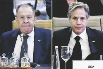  ?? PHOTO VIA AP ?? This combinatio­n of photos shows U.S. Secretary of State Antony Blinken (right) and Russian Foreign Minister Sergey Lavrov (left) attend the G20 foreign ministers’ meeting, respective­ly, in New Delhi, India, on Thursday.