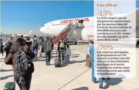  ?? EFE ?? Los pasajeros de un vuelo embarcan hacia Canarias desde el aeropuerto Madrid Barajas-Adolfo Suárez