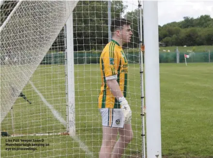  ??  ?? Lios Póil ‘keeper Seán Ó Muircheart­aigh keeping an eye on proceeding­s.