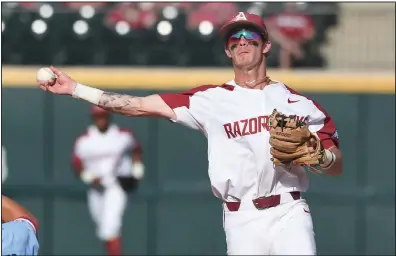  ?? (NWA Democrat-Gazette/J.T. Wampler) ?? Infielder Casey Martin, who played shortstop and third base during his two-plus seasons at Arkansas, was selected by the Philadelph­ia Phillies in the third round with the 87th overall pick of the Major League Baseball Draft on Thursday.
