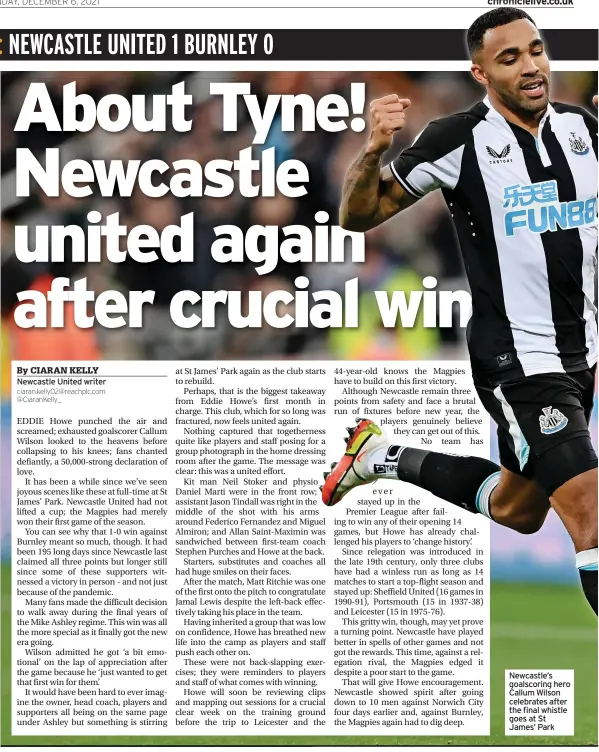  ?? ?? Newcastle’s goalscorin­g hero Callum Wilson celebrates after the final whistle goes at St James’ Park