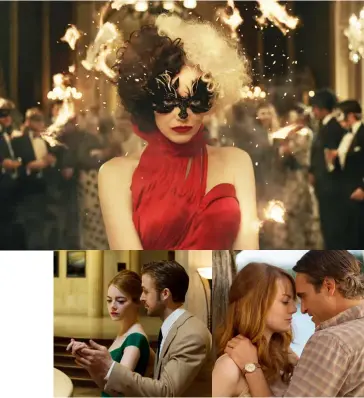  ??  ?? Clockwise from top left: Emma Stone as Cruella de Vil in Cruella; Stone in Zombieland: Double Tap; Starring in Maniac; Opposite Joaquin Phoenix in Irrational Man; With Ryan Gosling in
La La Land.