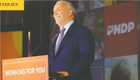  ?? JENNIFER GAUTHIER / REUTERS ?? British Columbia Premier John Horgan speaks Saturday after the NDP won a majority government and the most seats in the provincial party's history.