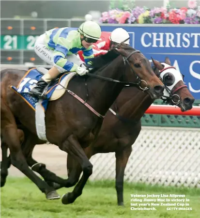  ?? GETTY IMAGES ?? Veteran jockey Lisa Allpress riding Jimmy Mac to victory in last year’s New Zealand Cup in Christchur­ch.