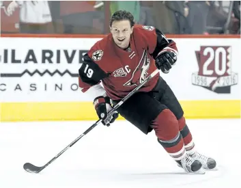  ?? RALPH FRESO/THE ASSOCIATED PRESS ?? Arizona Coyotes captain Shane Doan skates during a pre-game warm up last season in Glendale, Ariz. Doan is retiring after 21 seasons with the same franchise. Doan announced his retirement in a letter to Coyotes fans published in The Arizona Republic....