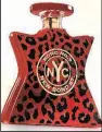  ??  ?? New Bond St., one of the newest scents in the Bond No. 9 fragrance family, comes in a red-and-black bottle bearing one of fall 2018’s hottest fashion trends: animal print.