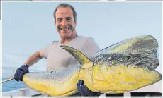  ??  ?? ▼ Robson Green with Tom Brittney and James Norton in Grantchest­er, and left, with a whopping mahi-mahi in Extreme Fisherman.