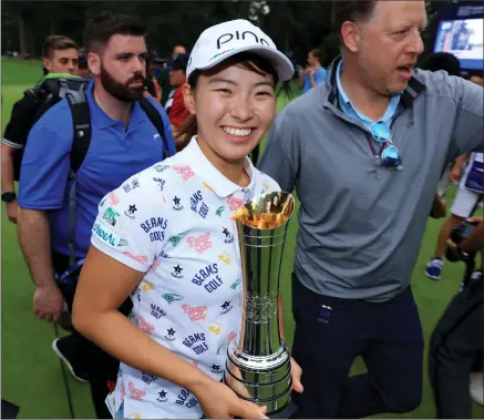  ??  ?? Hinako Shibuno of Japan celebrates her amazing win in the AIG Women’s British Open at Woburn last night