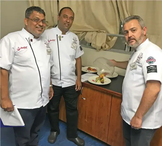  ??  ?? From left: Fiji Chefs Associatio­n Culinary Director, Mohammed Frauk, Fiji Chefs Associatio­n president, Nilesh Chand and World Chefs Continenta­l Director Pacific Rim, Neil Abrahams during the second day of the Fiji Chefs National Salon Culinaire Competitio­n at the Fiji National University, Namaka Campus in Nadi on October 23, 2019.