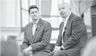 ?? Sergio Flores / Bloomberg ?? Rep. Kevin Brady, R-The Woodlands, who appeared with Speaker Paul Ryan during a town hall event in Dallas on April 2, has an opportunit­y to move up in the GOP ranks.