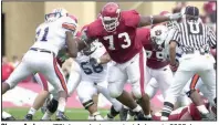  ?? (NWA Democrat-Gazette/Andy Shupe) ?? Shawn Andrews (73), here playing against Auburn in 2003, became a two-time consensus All-America tackle for Arkansas and is ranked No. 7 on the Arkansas Democrat-Gazette’s countdown of top pro Razorbacks.