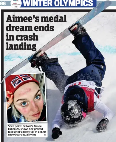  ??  ?? Sore point: Britain’s Aimee Fuller, 26, shows her grazed face after a nasty fall in Big Air snowboard qualifying