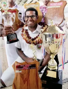  ?? Photo: Jone Luvenitoga ?? Christophe­r Minimbi is surrounded by his academic trophies after the school graduation at Marist Brothers High School on October 13, 2017.