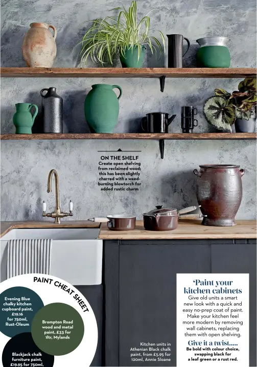  ?? ?? ON THE SHELF Create open shelving from reclaimed wood; this has been slightly charred with a weedburnin­g blowtorch for added rustic charm
Kitchen units in Athenian Black chalk paint, from £5.95 for 120ml, Annie Sloane