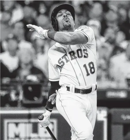  ?? Karen Warren / Staff photograph­er ?? It was a rough day at the office for Tony Kemp and the Astros, who struggled to get their bats going in Tuesday’s Game 3 loss.