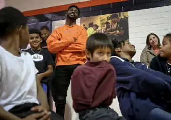  ?? Photos by Aaron Ontiveroz, The Denver Post ?? Former Broncos receiver Emmanuel Sanders is introduced at the Denver Broncos Boys & Girls Club on Wednesday.