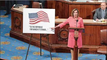  ?? HOUSE TELEVISION VIA AP ?? In this image from video, House Speaker Nancy Pelosi of Calif., speaks as the House of Representa­tives debates the impeachmen­t managers resolution at the Capitol in Washington on Wednesday.