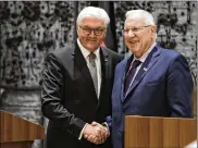  ?? DUSAN VRANIC / AP ?? Israeli President Rueven Rivlin (right) and his German counterpar­t, Frank-Walter Steinmeier, met in Jerusalem on Sunday amid diplomatic tensions.