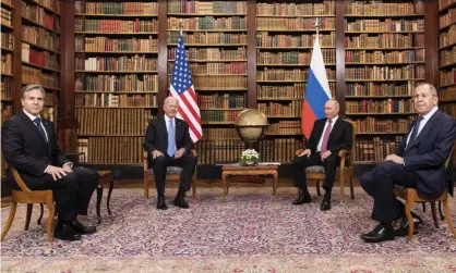  ?? ?? From left: Antony Blinken, Joe Biden, Vladimir Putin and Sergei Lavrov at the US-Russia summit in Geneva in July. Photograph: Peter Klaunzer/EPA