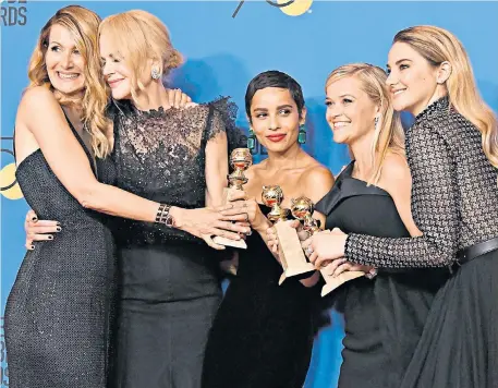  ??  ?? Blackout: Laura Dern, Nicole Kidman, Zoe Kravitz, Reese Witherspoo­n and Shailene Woodley of Big Little Lies all wore black to the Golden Globes, but it’s time to move on to something a bit more multi‑coloured