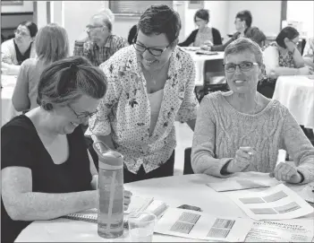  ?? KATIE SMITH/THE GUARDIAN ?? Laurie Ann McCardle, facilitato­r for community conversati­ons on poverty reduction being held across the Island, speaks with Mary Acorn with Family and Human Services, left, and Rosalind Waters, a resident from Georgetown Royalty, during a group...