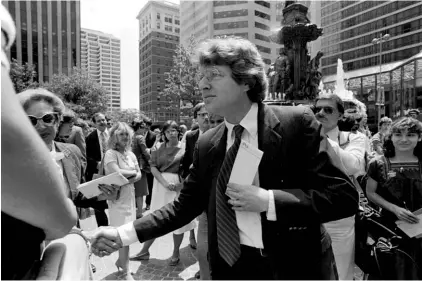  ?? Photo: AP, File. ?? Democratic gubernator­ial candidate Jerry Springer greets supporters at a rally on Fountain Square in Cincinnati, Ohio on June 3, 1982.