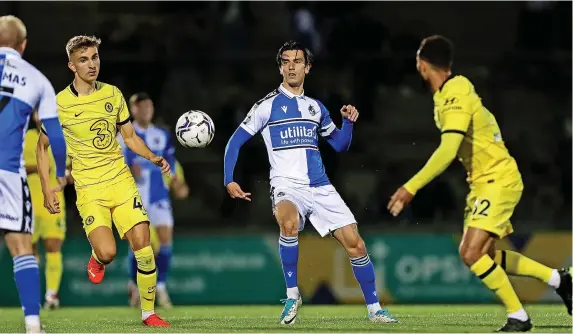  ?? Pictures: Will Cooper/JMP ?? Rovers midfielder Zain Westbrooke, centre, in action against Chelsea Under-21s at the Memorial Stadium